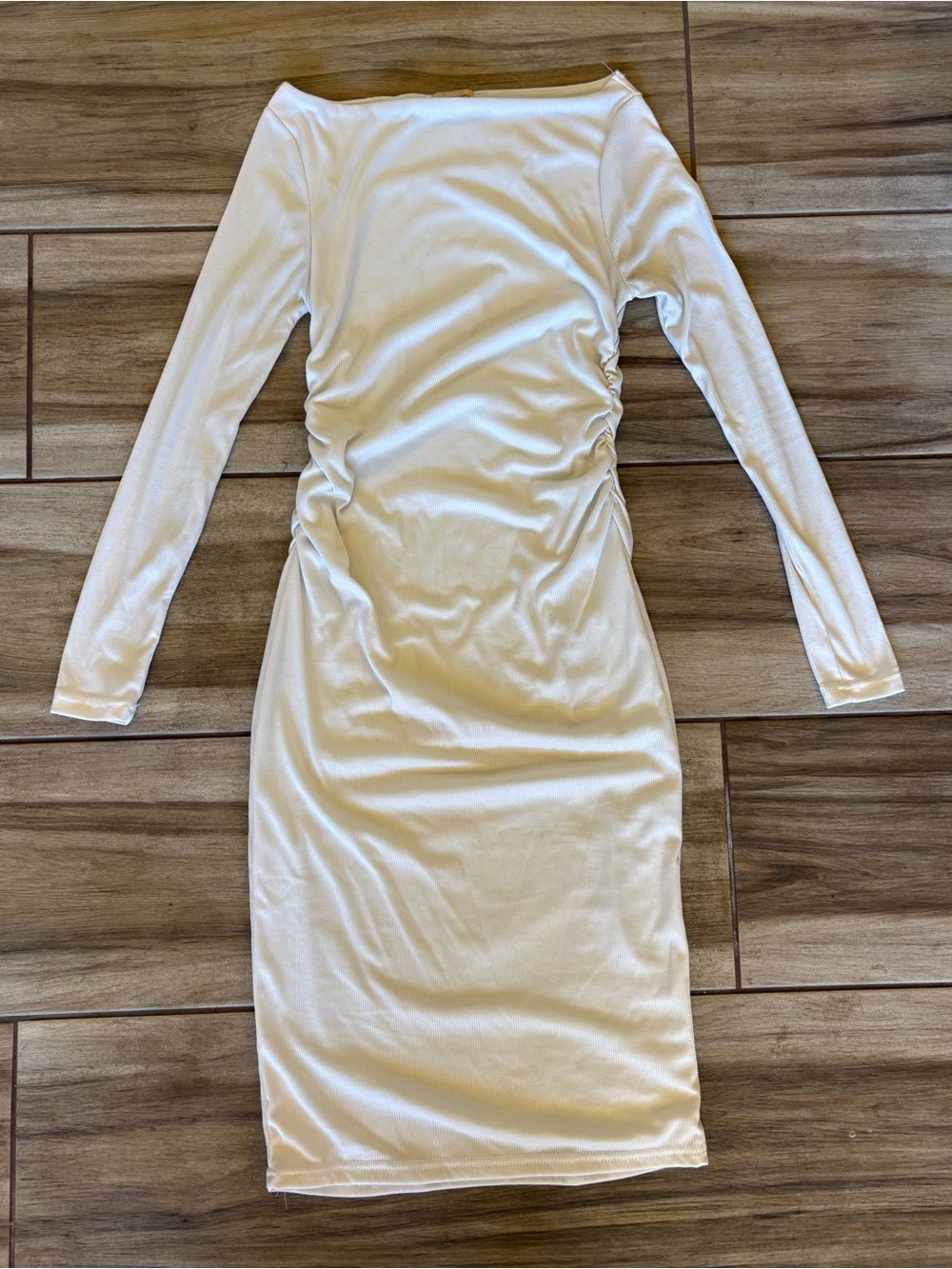 Justify Cream Long Sleeve Ruched Bodycon Midi Dress with Navy Blue Vest